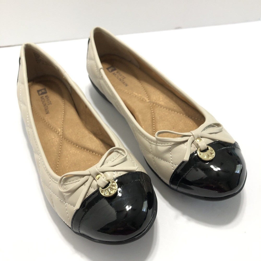 White Mountain Moondance Cream Quilted Shoes Black Cap Toe 1" Wedge Heel 7.5M